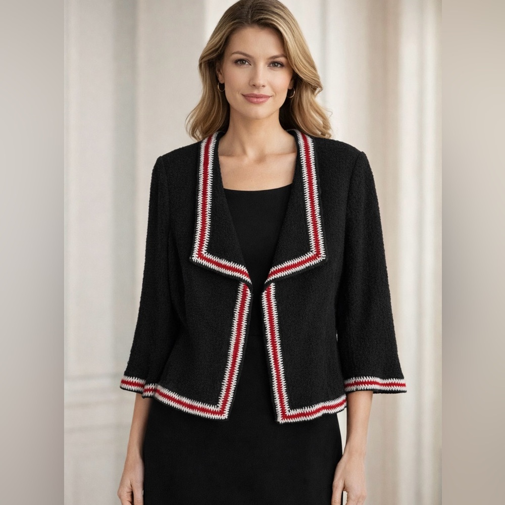 ST JOHN Black Santana Knit Drape Red White Trim Collar Blazer Dress Jacket 12 L